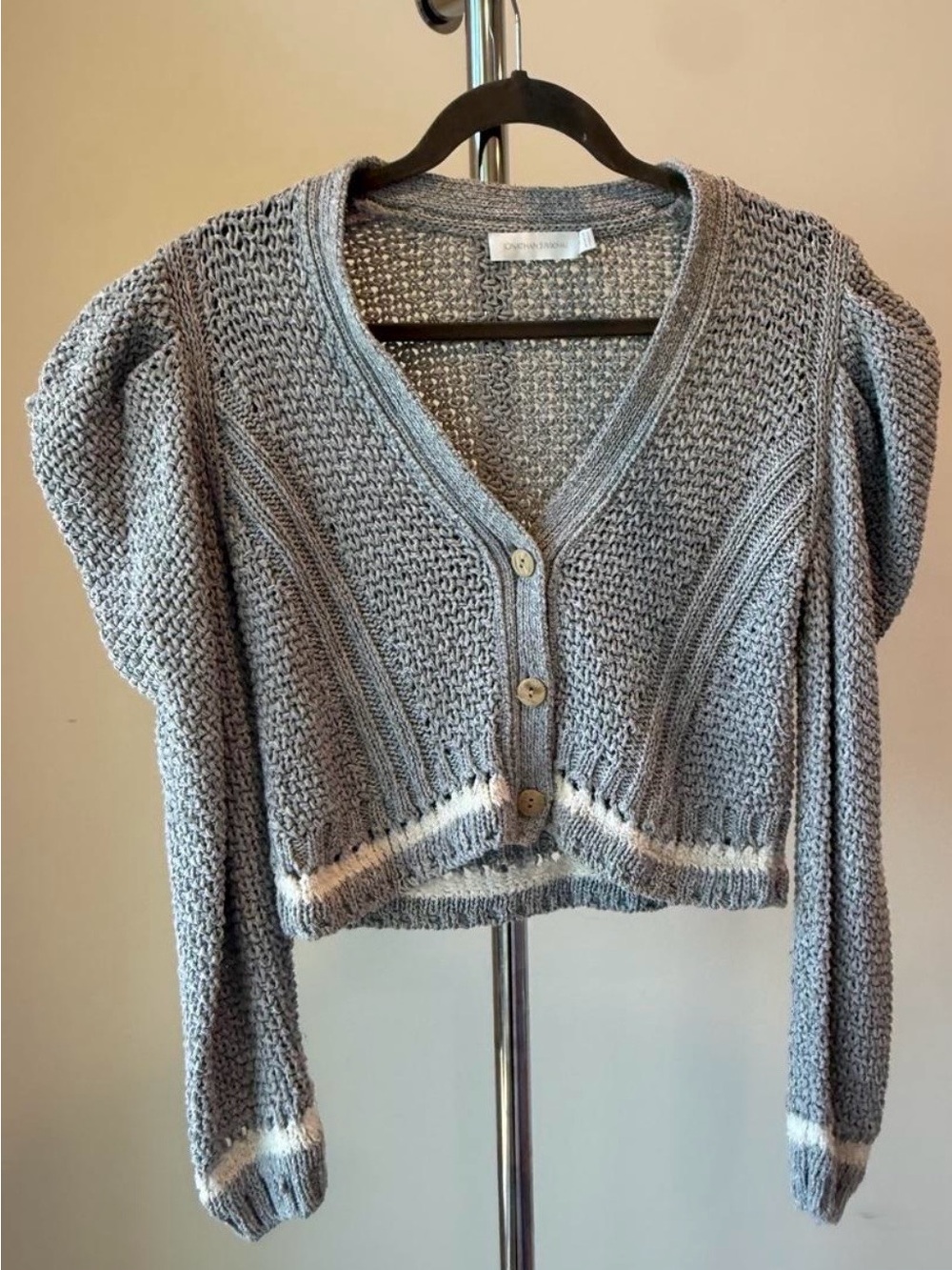 Jonathan Simkhai Gray Cropped V-Neck Button Cardigan with White Trim